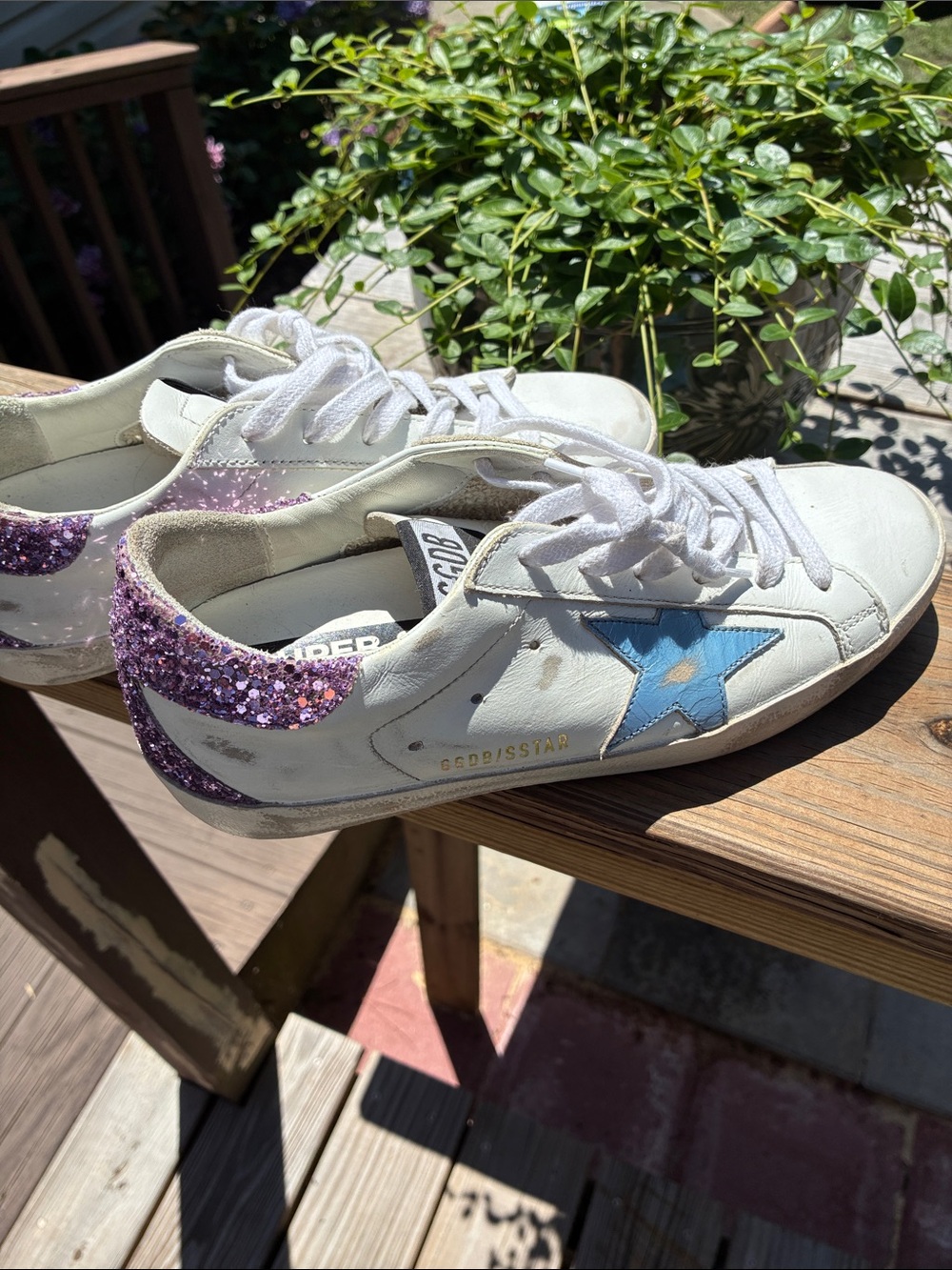 Golden Goose White Sneakers with Blue Star and Purple Glitter Heel